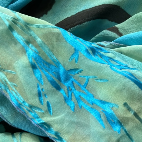 Hand-Painted Signed Open-Front Silk Kimono w Sheer Border Blue Green - Picture 10 of 12